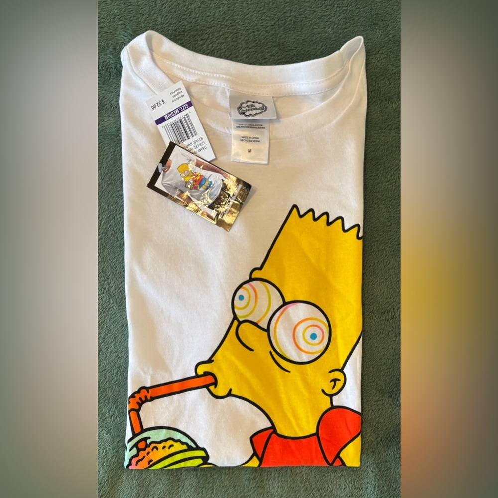 White T-Shirt with Cartoon Graphic-Bart Simpson, Size: M (5217)